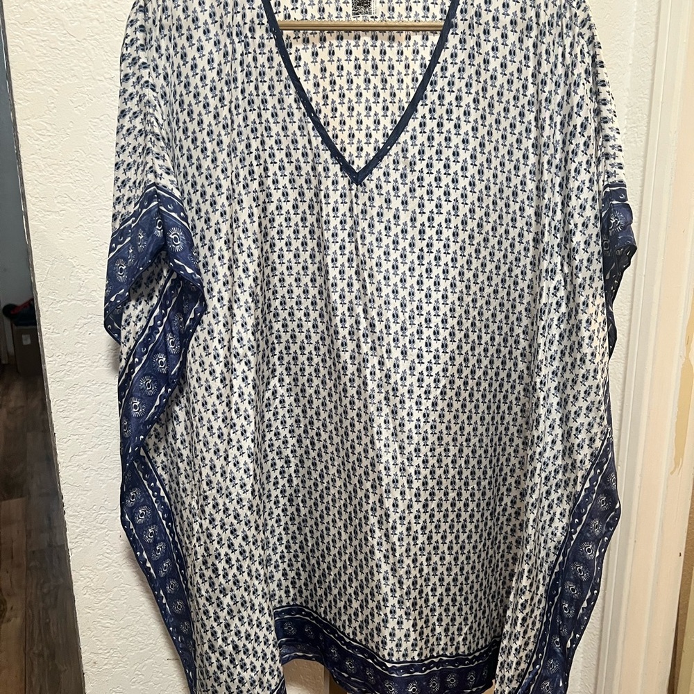 Tory Burch Navy and White Patterned Silk Caftan